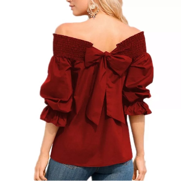 Off Shoulder Back Bow Tie Blouse - Picture 1 of 2